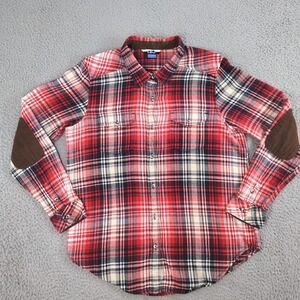 Kavu Shirt Womens M Red Plaid Flannel Long Sleeve Corduroy Elbow Patch Button